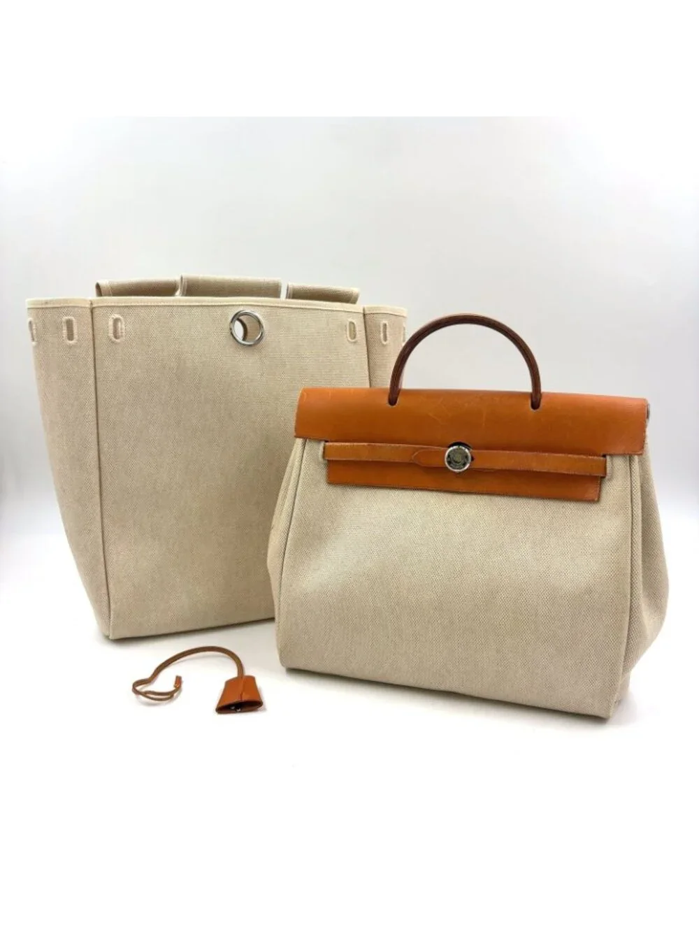 Hermes Herbag a Dos PM Handbag Leather Canvas Beige Light Brown Backpack Silver
